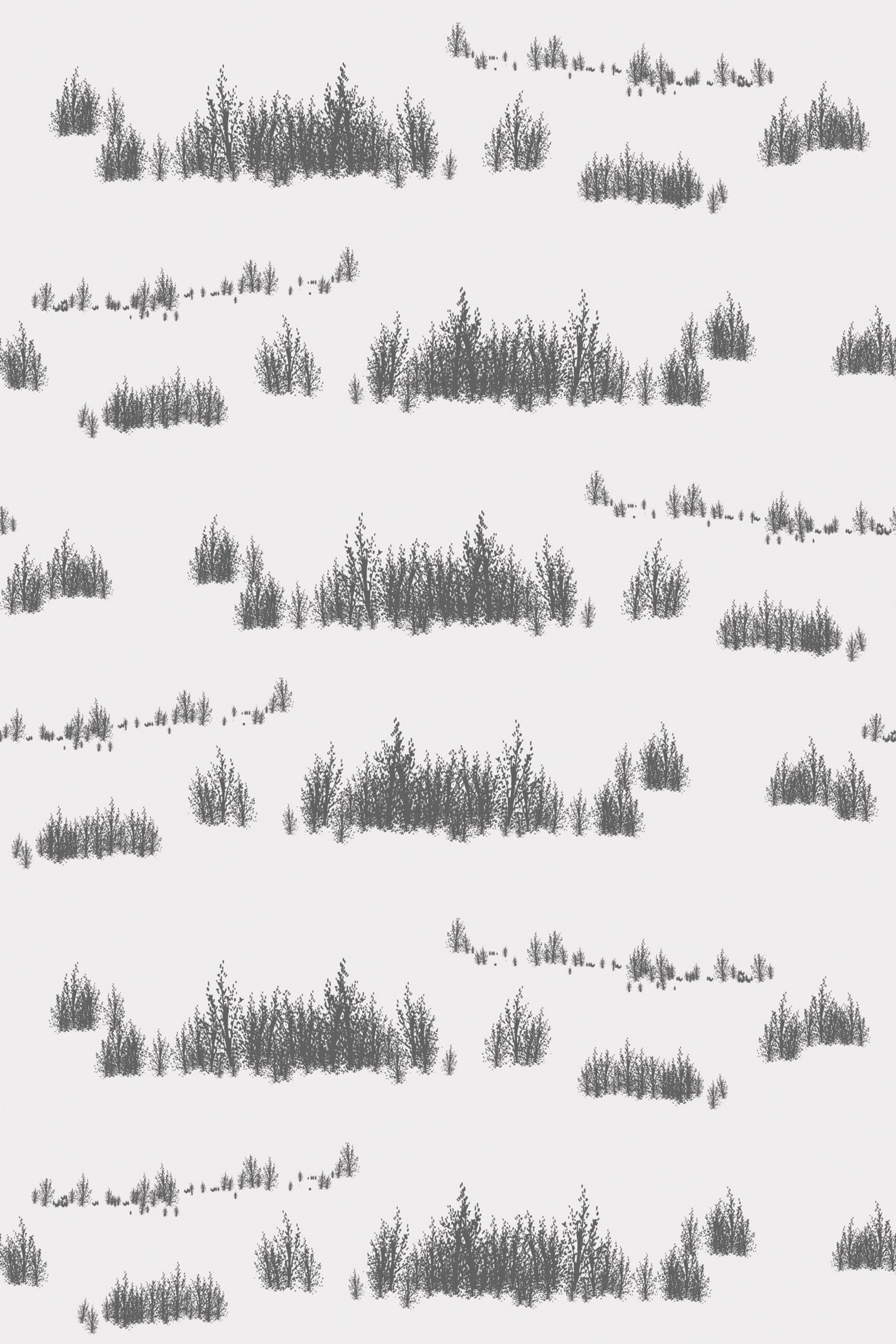 A pattern of stylized gray trees on a white background, forming a serene forest-themed peel and stick removable wallpaper.