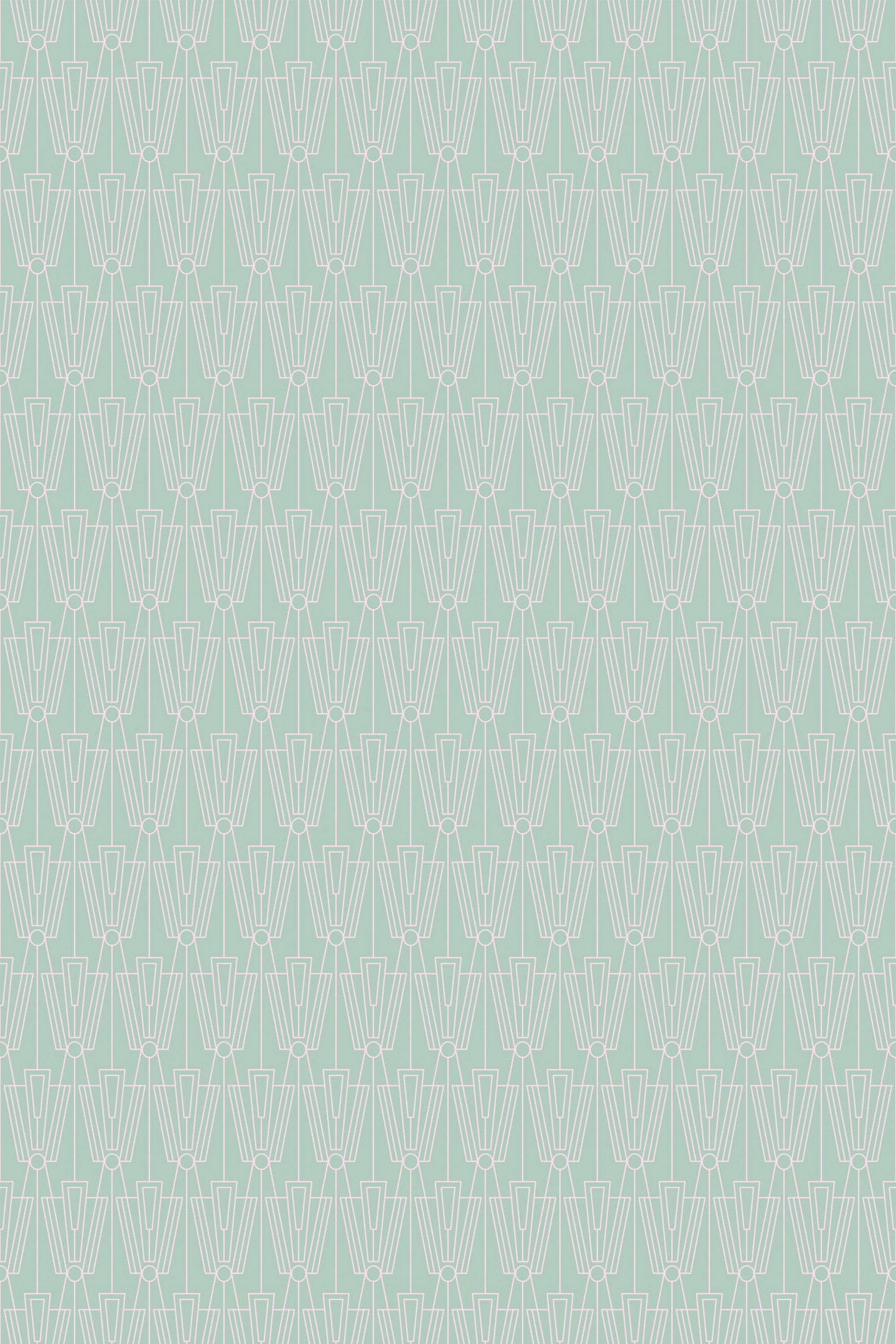 Art Deco inspired geometric pattern on a sage green background, with stylized white lines forming repeated fan shapes, creating a vintage yet modern aesthetic for a peel and stick removable wallpaper.