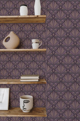 Self-adhesive Classy Burgundy Art Deco wallpaper with geometric fan patterns on a room wall, complemented by wooden shelves and decorative items.