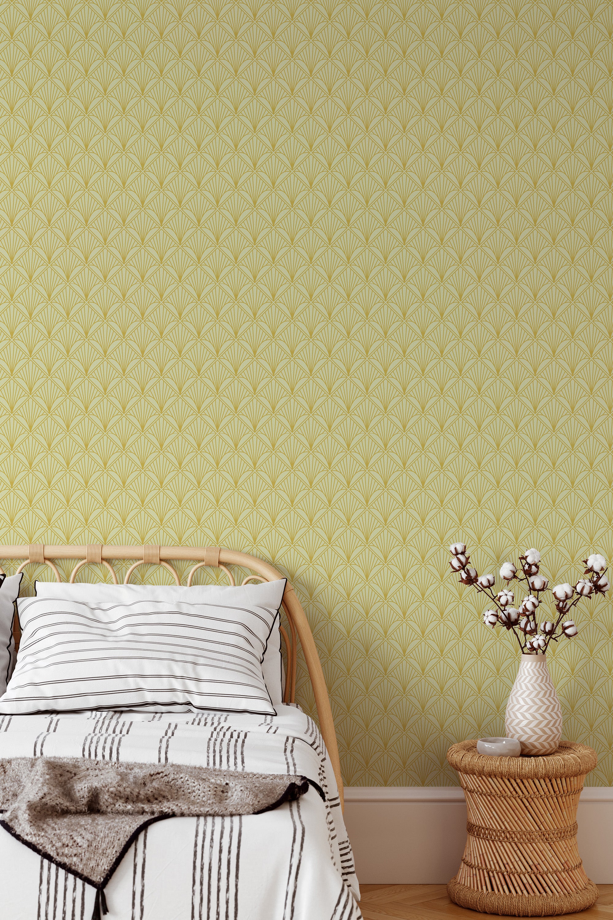 Self-adhesive Vintage Art Deco wallpaper with geometric patterns in muted yellows, enhancing a bedroom with a cozy ambiance.