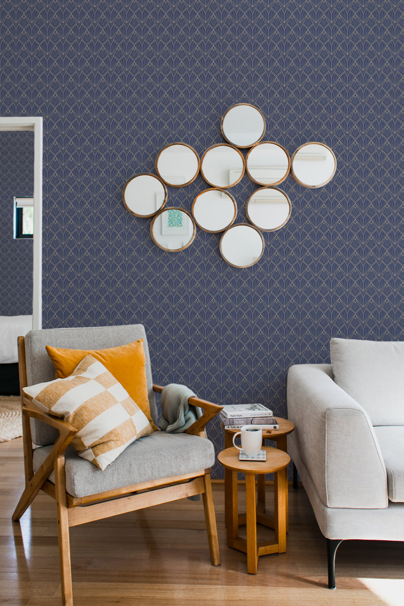 living room cozy sofa armchair pillows decor classic art deco peel stick wallpaper