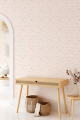 A serene room with a wall covered in Light Mountains traditional wallpaper, subtle outlines of mountain ranges repeated in a soothing pattern.