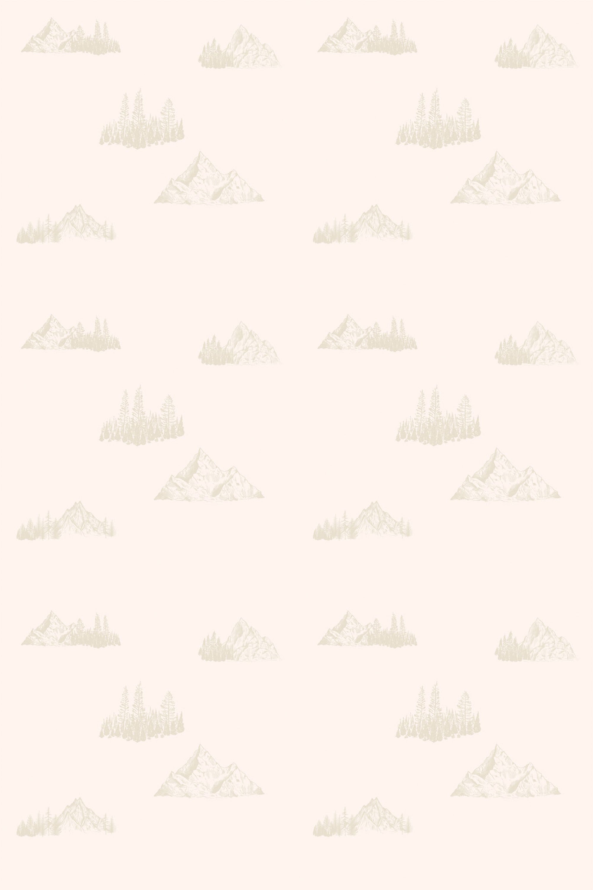 A pattern of sketched mountain ranges with forest silhouettes on a light background, repeated throughout as peel and stick removable wallpaper.