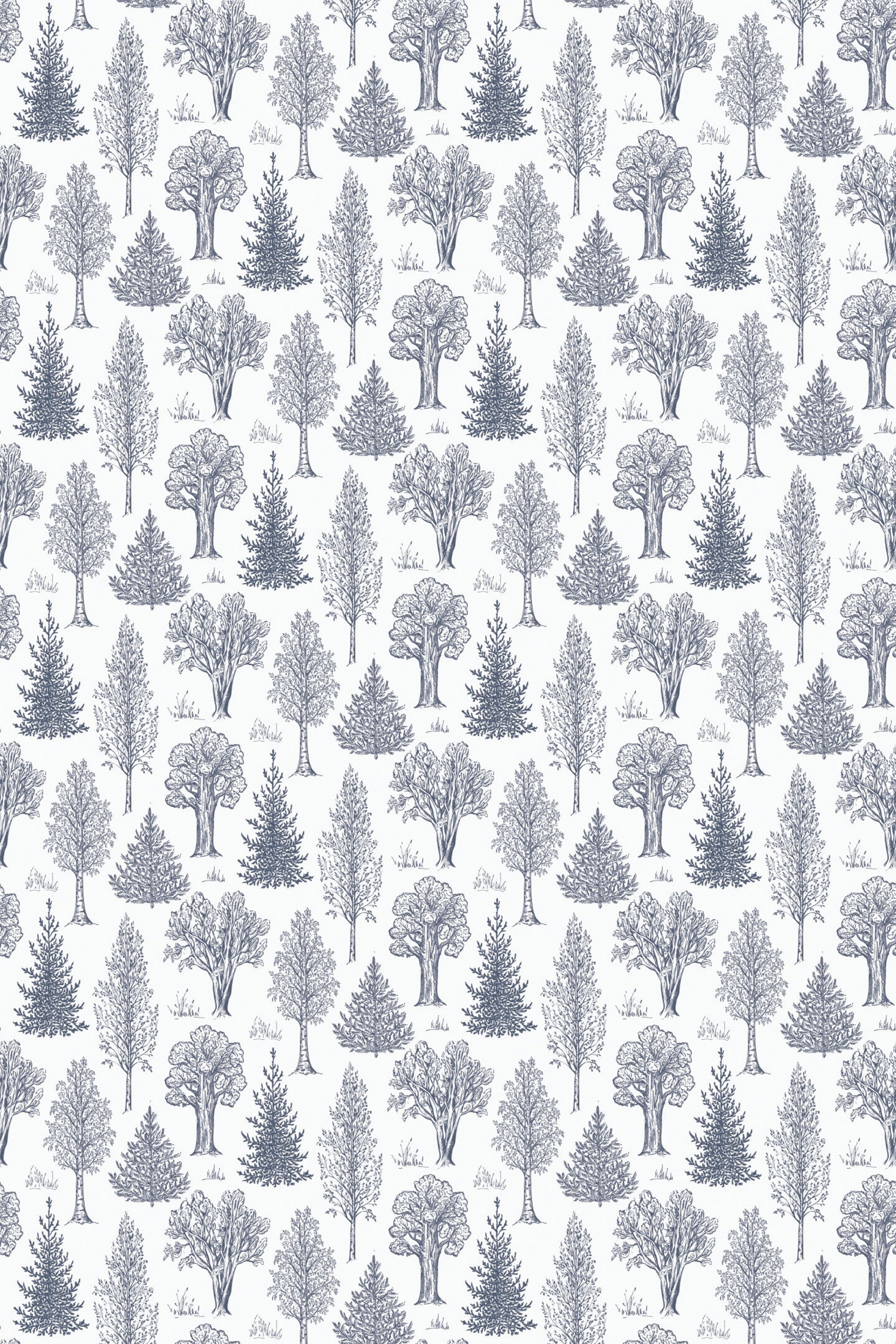 Pattern of various trees in a light sketch-like aesthetic on a seamless background, suitable for peel and stick removable wallpaper.