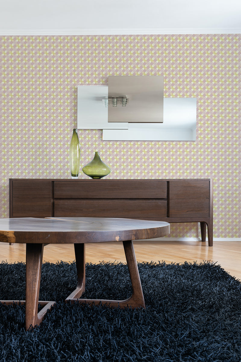contemporary living room dark wood furniture pastel retro geometric peel and stick wallpaper