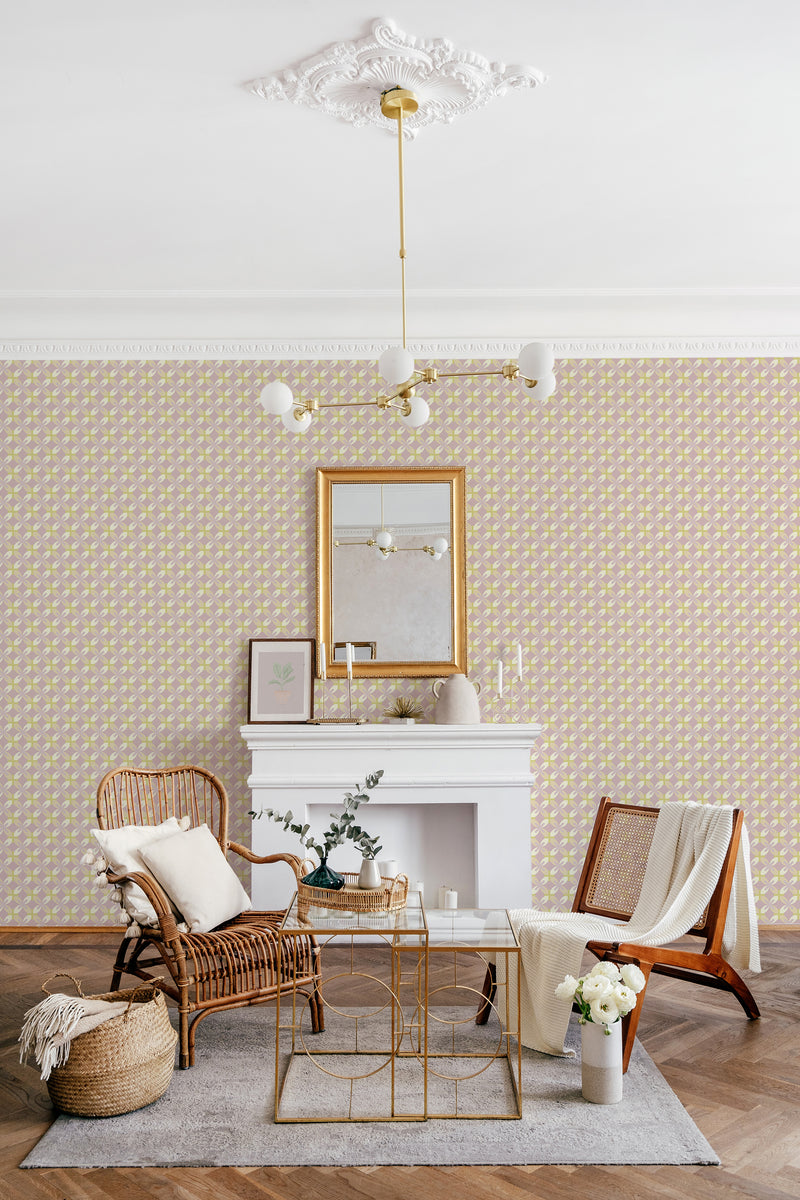 A room with Pastel Retro Geometric wallpaper with soft hues and repetitive patterns, alongside chic furnishings, representing traditional wallpaper.