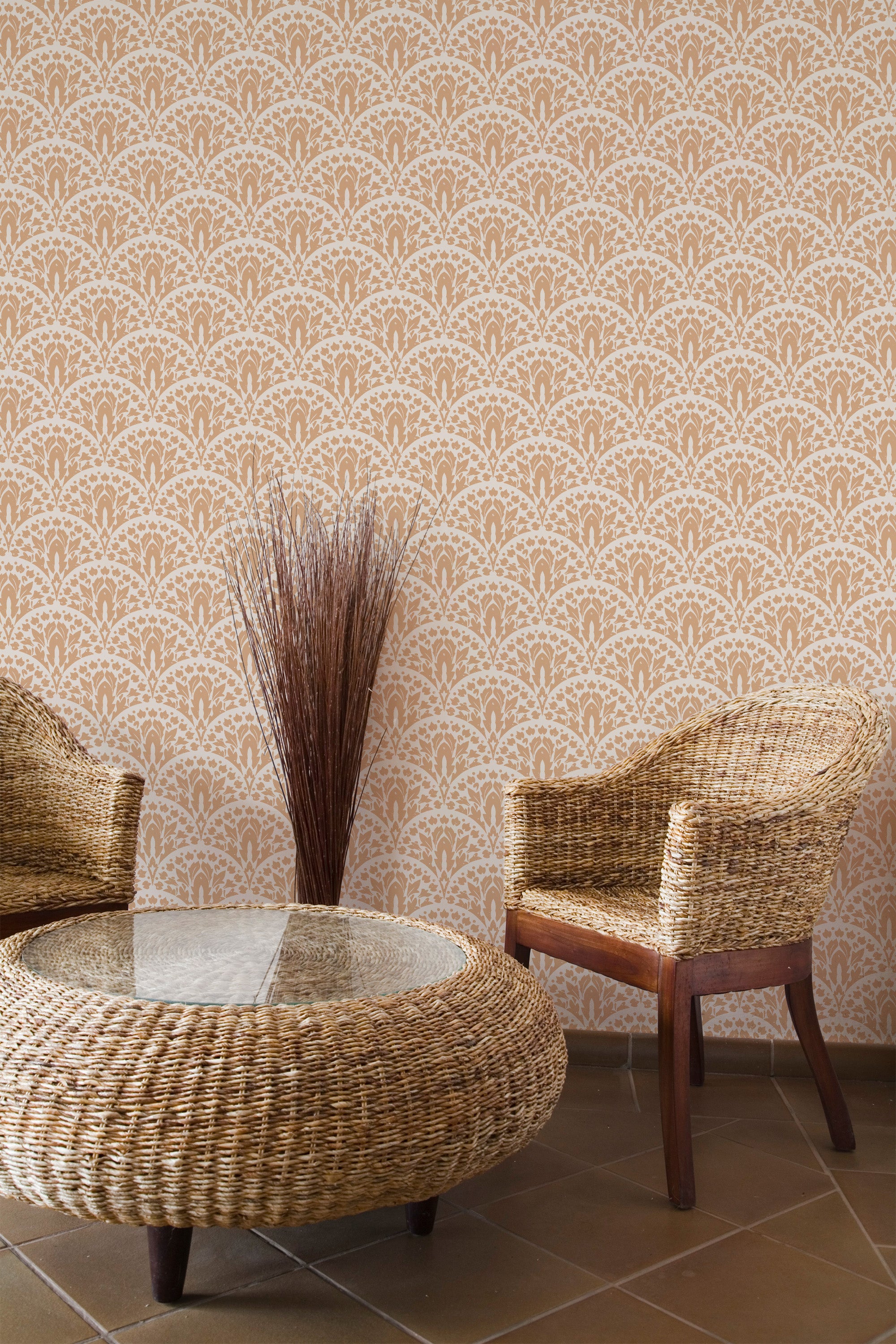 Self-adhesive Vintage Terracotta Art Deco wallpaper with an intricate geometric pattern, providing a retro backdrop in a room with wicker furniture.
