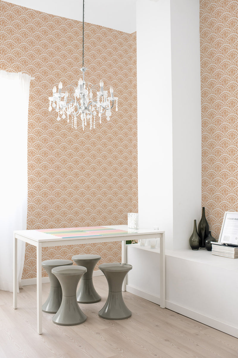 A room with Vintage Terracotta Art Deco wallpaper with geometric patterns, paired with a white table, ceramic stools, and a crystal chandelier, a traditional wallpaper.