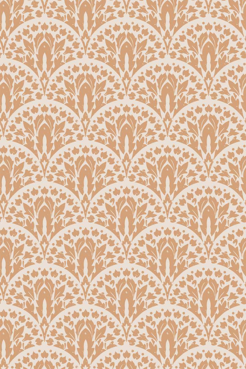 A repeating pattern of stylized terracotta and cream floral motifs with Art Deco influence, on a peel and stick removable wallpaper.