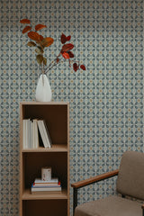 self-adhesive wallpaper busy tile pattern bookshelf armchair decorative plant interior