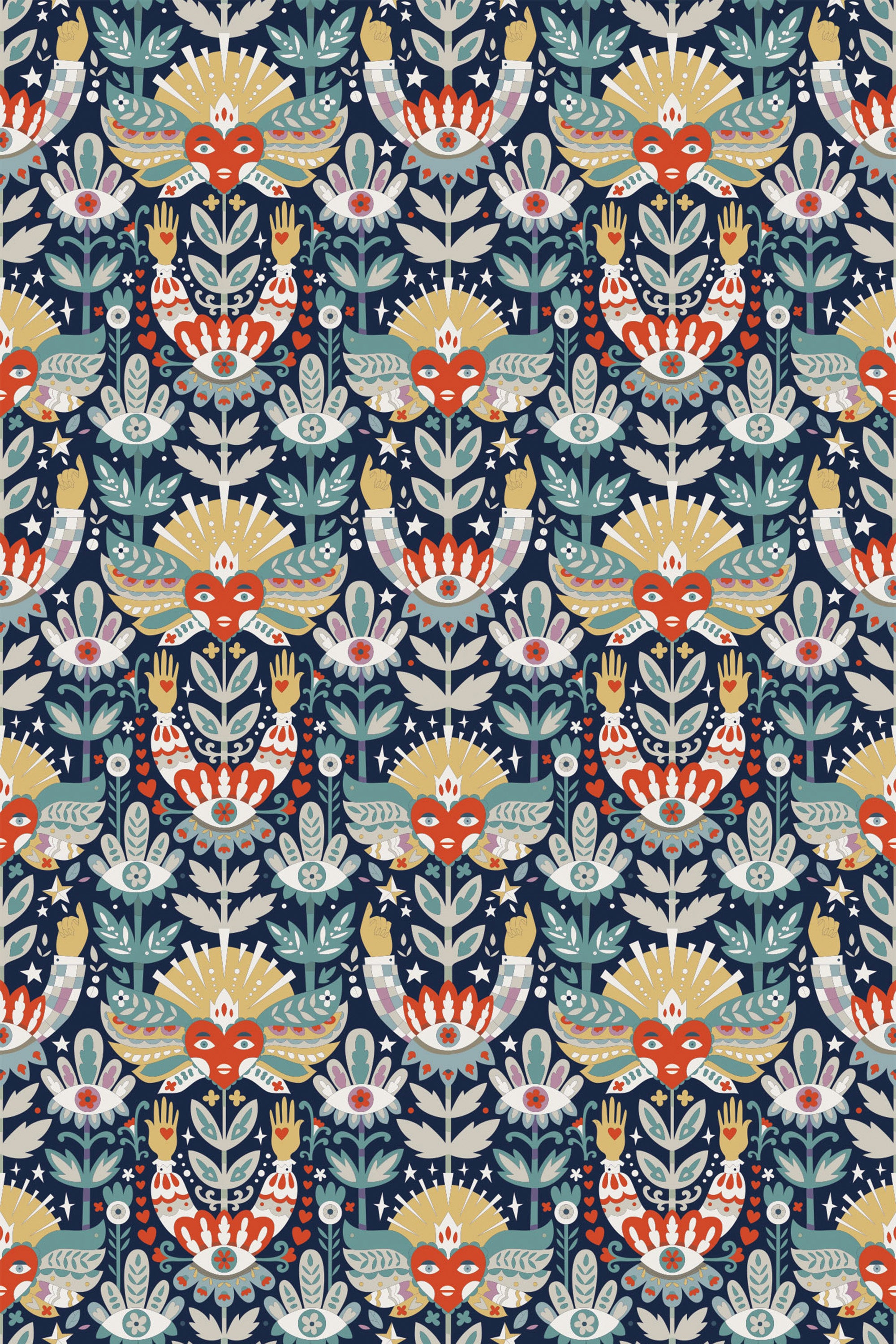 Intricately patterned tarot-style wallpaper with symmetrical motifs including hands, celestial bodies, and florals in a vibrant color scheme on a navy background, peel and stick removable wallpaper.