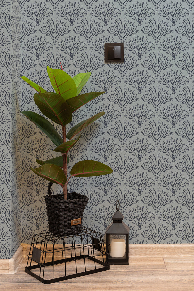 hallway interior green plant black lantern art deco trees temporary wallpaper