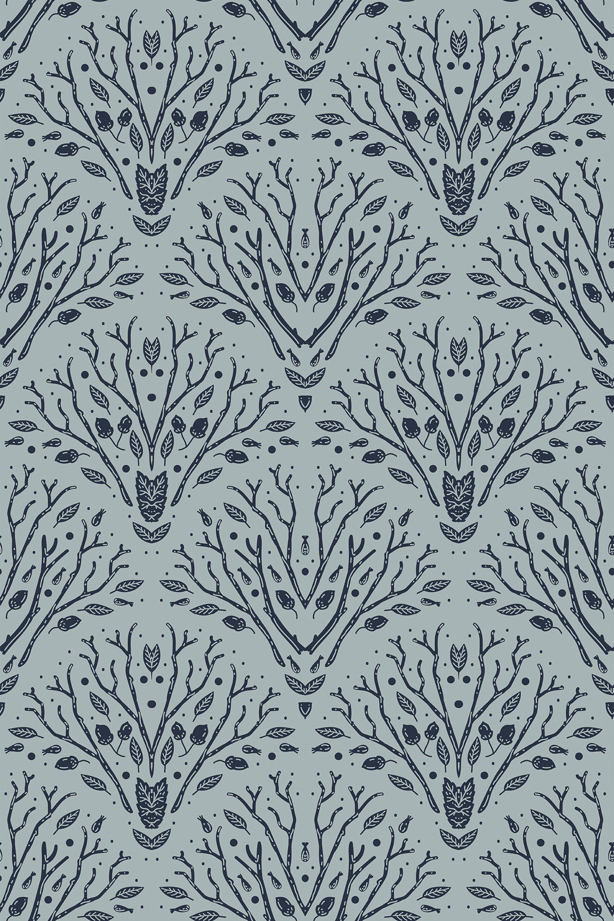 Pattern of stylized trees with intricate branches in Art Deco style on a blue background, peel and stick removable wallpaper.