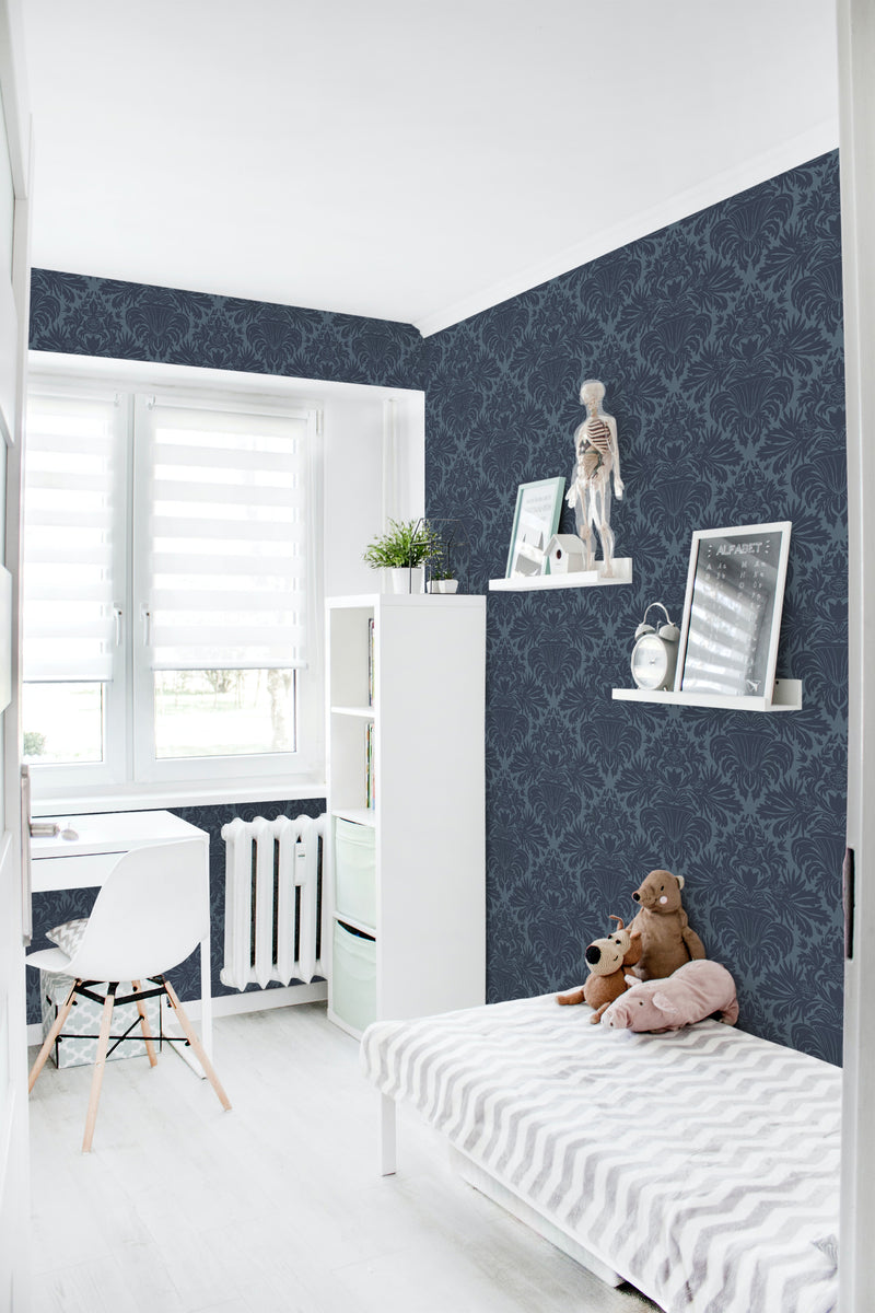 removable wallpaper classic dark damask pattern kids room desk bed bookshelf toys