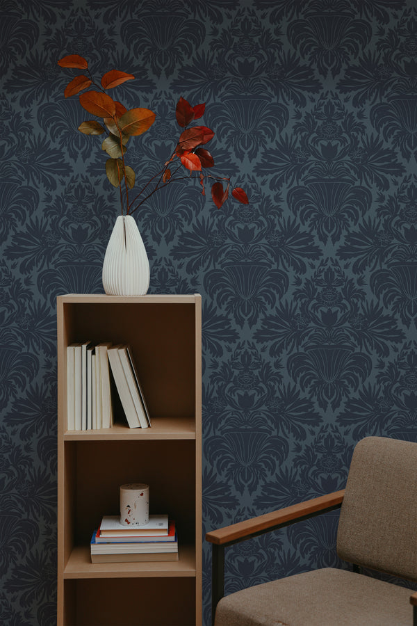 self-adhesive wallpaper classic dark damask pattern bookshelf armchair decorative plant interior