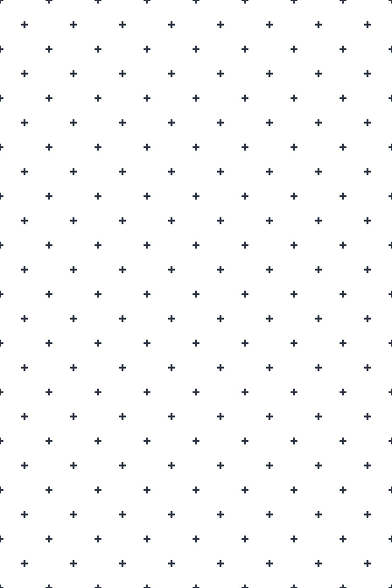 Repeated tiny cross pattern on a white background, peel and stick removable wallpaper.