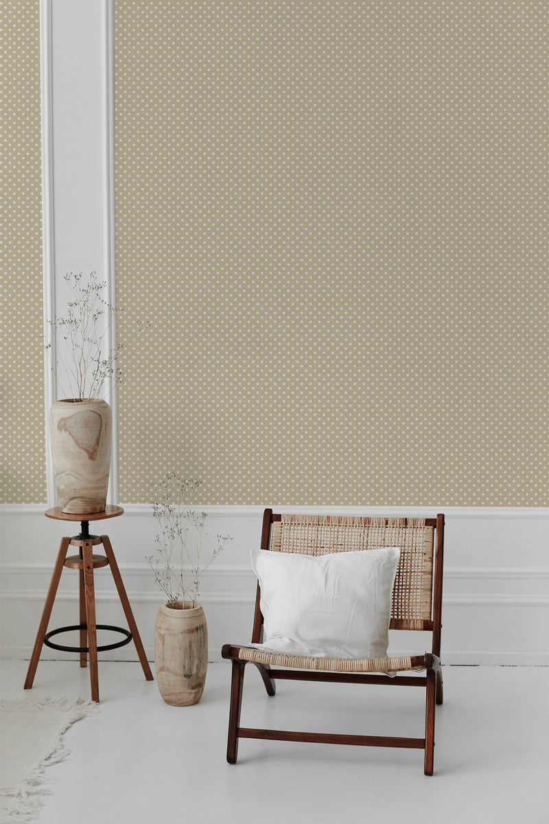 A room with Retro Dotted wallpaper with a pattern of small dots on a plain background, complementing a minimalist decor with a wooden chair and potted plants, evoking a sense of traditional wallpaper.