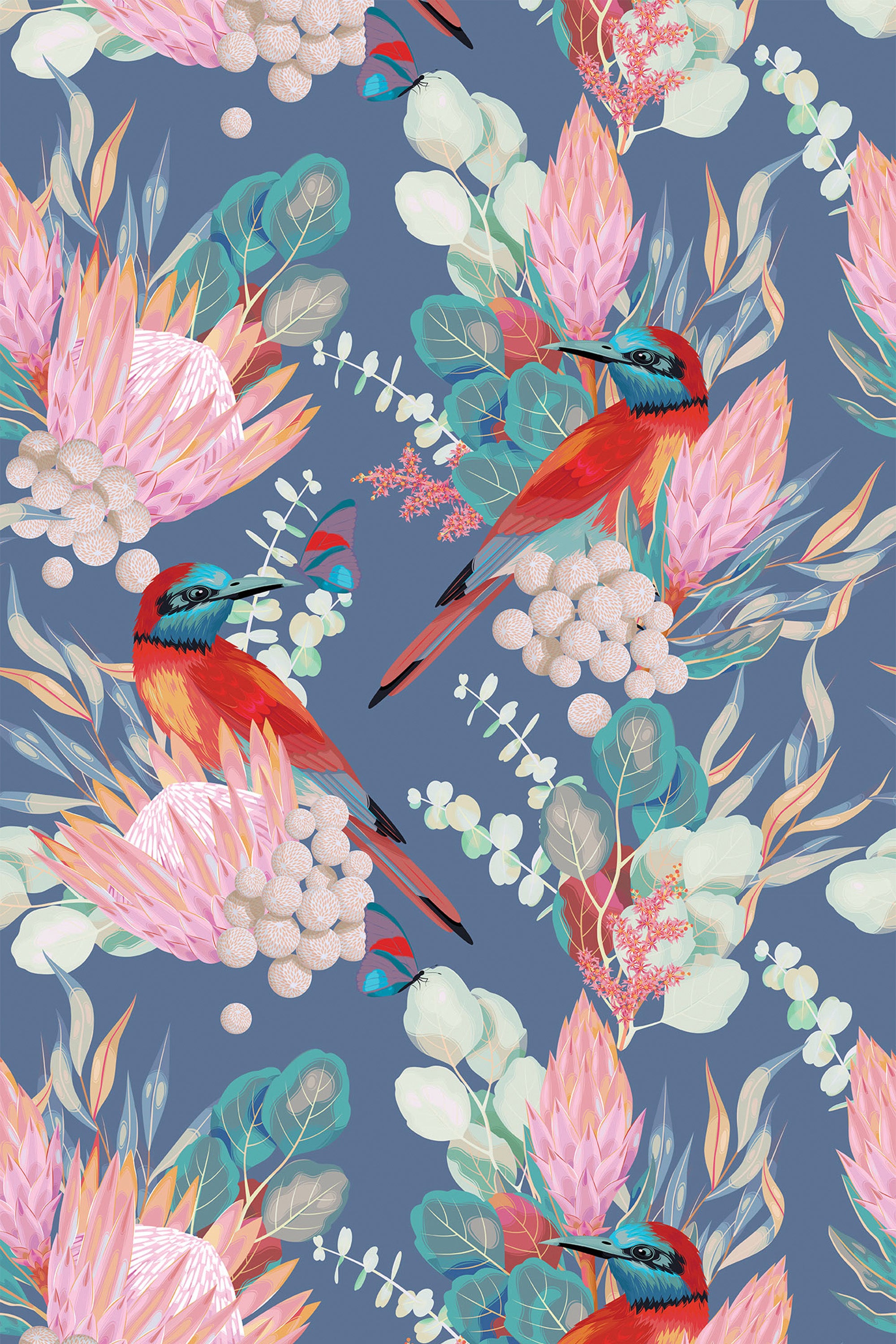 Vibrant tropical birds in red and blue hues among pink flora on a grey background, peel and stick removable wallpaper.