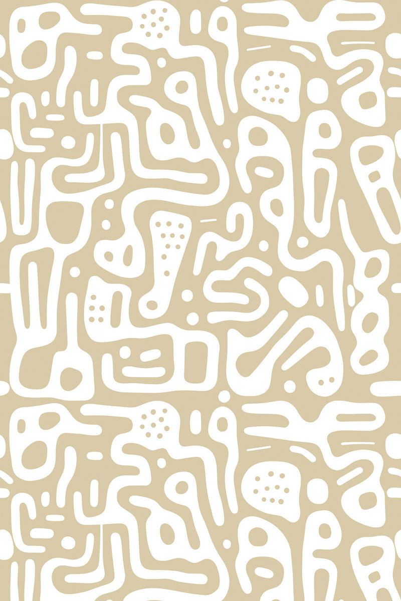 Abstract doodle patterns with irregular shapes and lines in a honey color on a light background, peel and stick removable wallpaper.