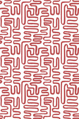 Red and white abstract thin brush lines pattern on peel and stick removable wallpaper.