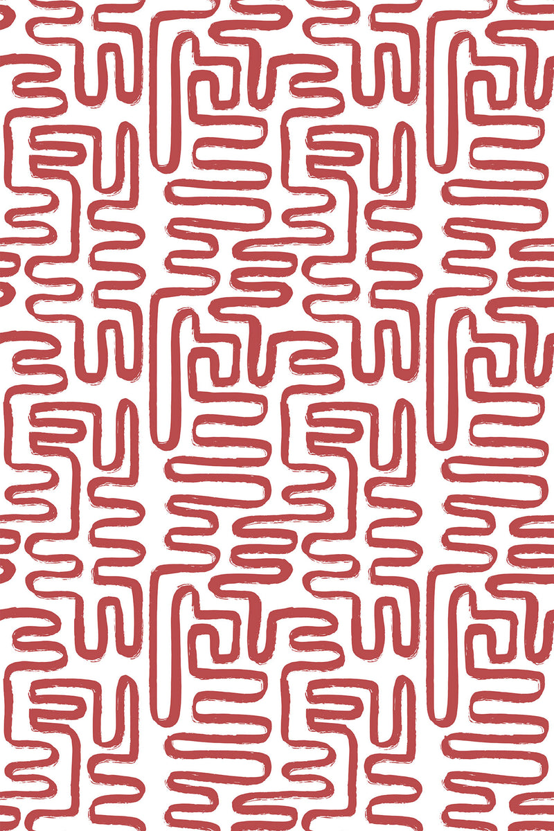 Red and white abstract thin brush lines pattern on peel and stick removable wallpaper.