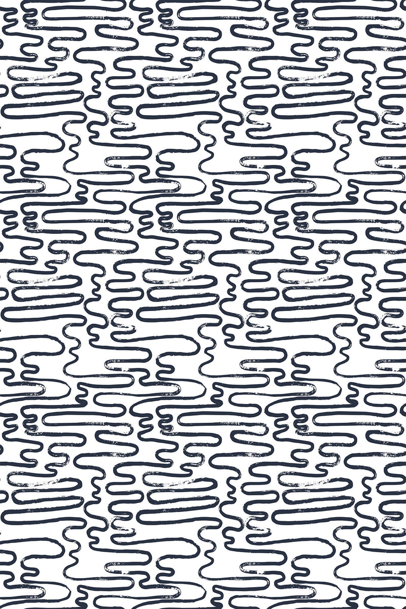 Abstract wavy line pattern in a brushstroke style on a white background, named Lined Brush, peel and stick removable wallpaper.