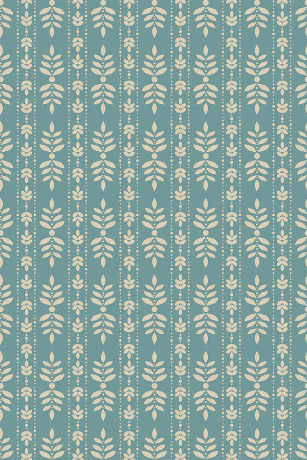 Elegant teal wallpaper with a symmetrical white classic leaf pattern throughout, making for a stylish peel and stick removable wallpaper.