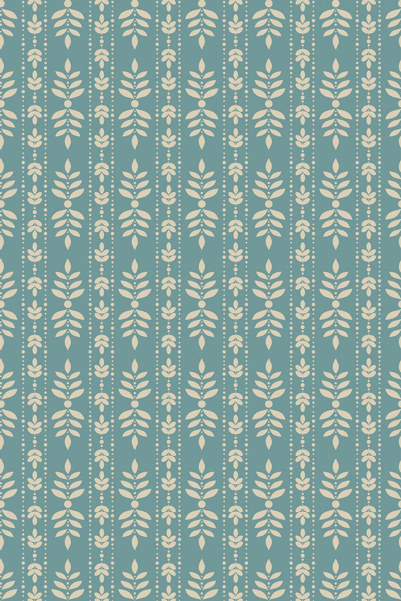 Elegant teal wallpaper with a symmetrical white classic leaf pattern throughout, making for a stylish peel and stick removable wallpaper.