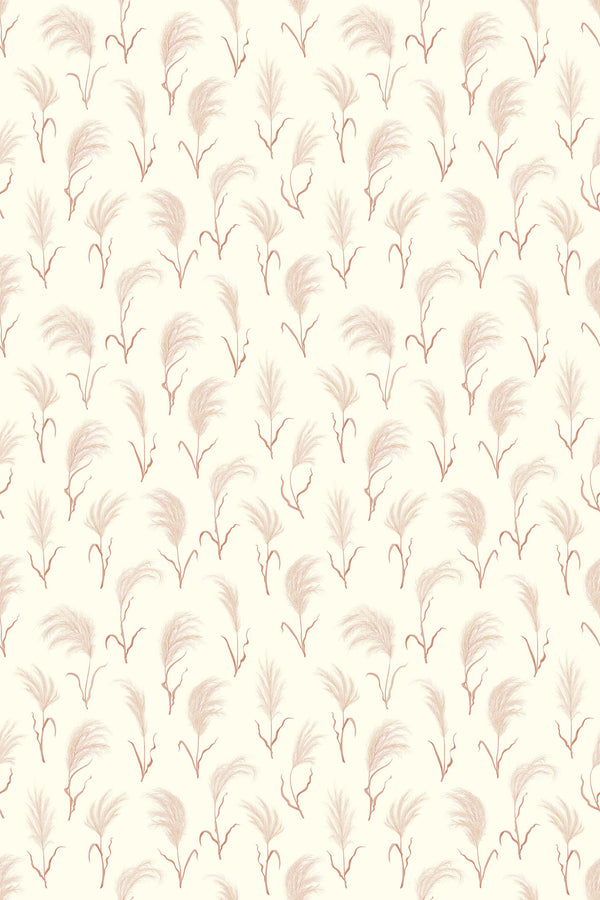 A repeating pattern of delicate, feather-like shapes in muted tones on a soft beige background, creating a warm, bohemian aesthetic for a peel and stick removable wallpaper.