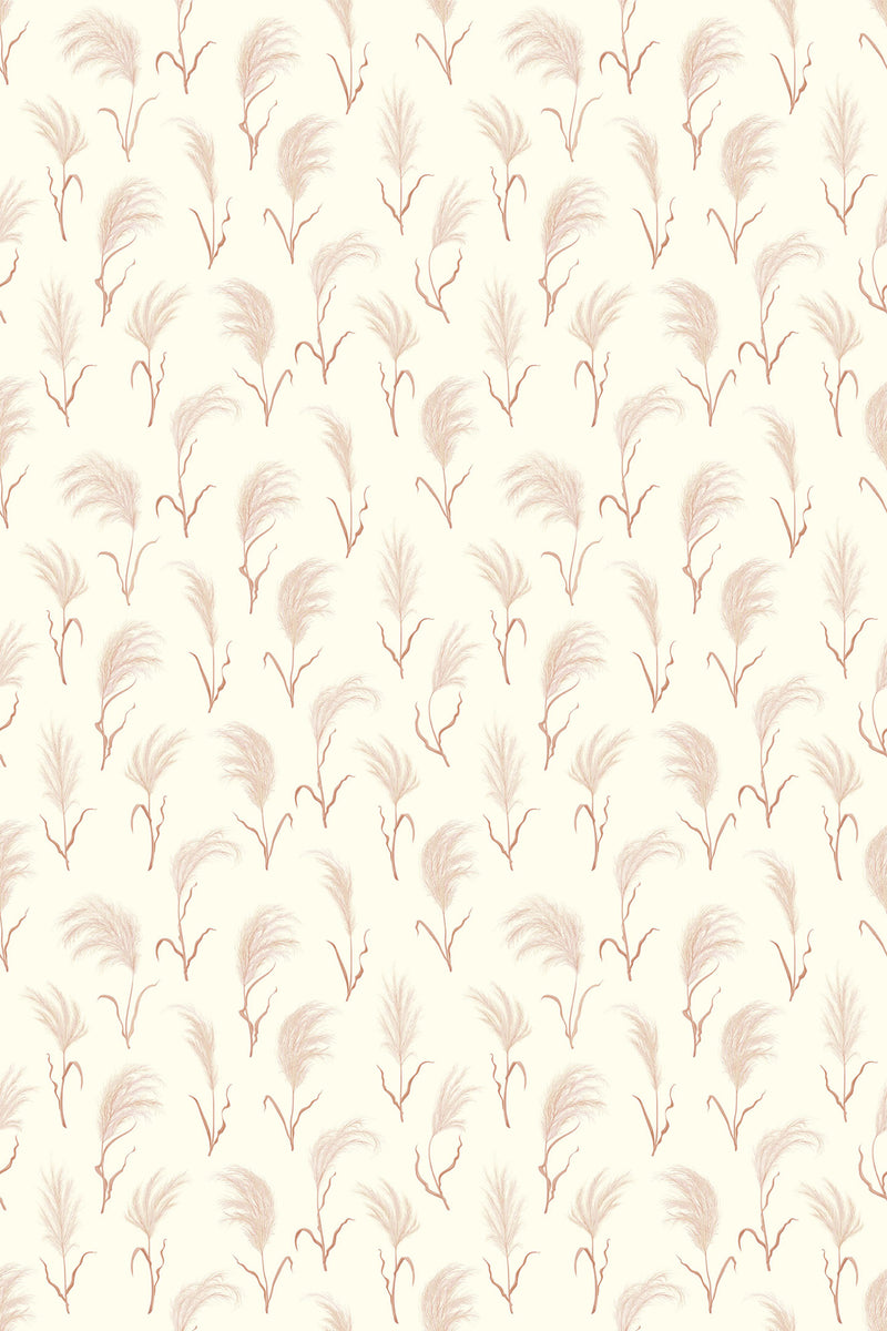 A repeating pattern of delicate, feather-like shapes in muted tones on a soft beige background, creating a warm, bohemian aesthetic for a peel and stick removable wallpaper.