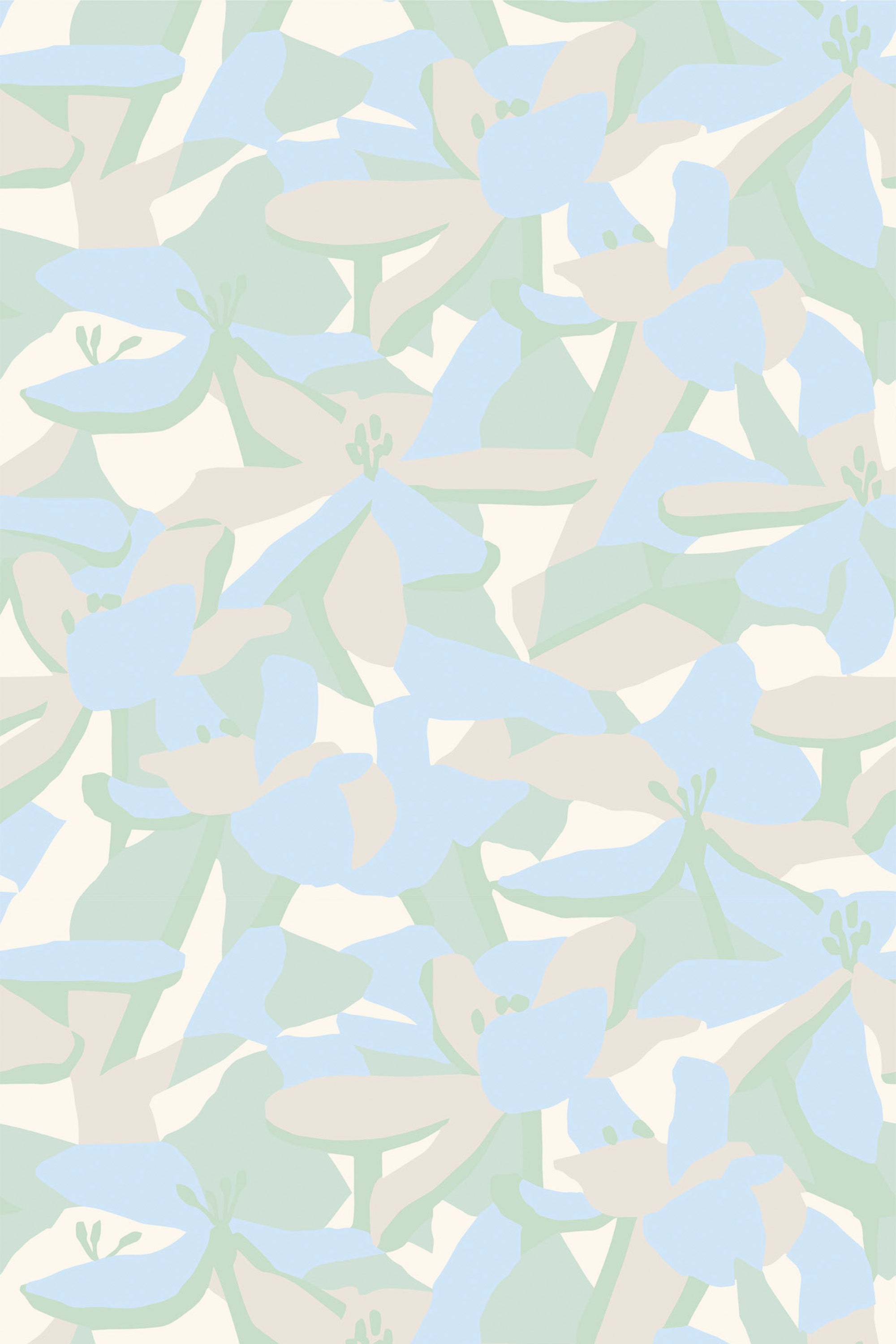 Soft-hued blue and green abstract floral patterns on a light background, creating a soothing and continuous design for peel and stick removable wallpaper.