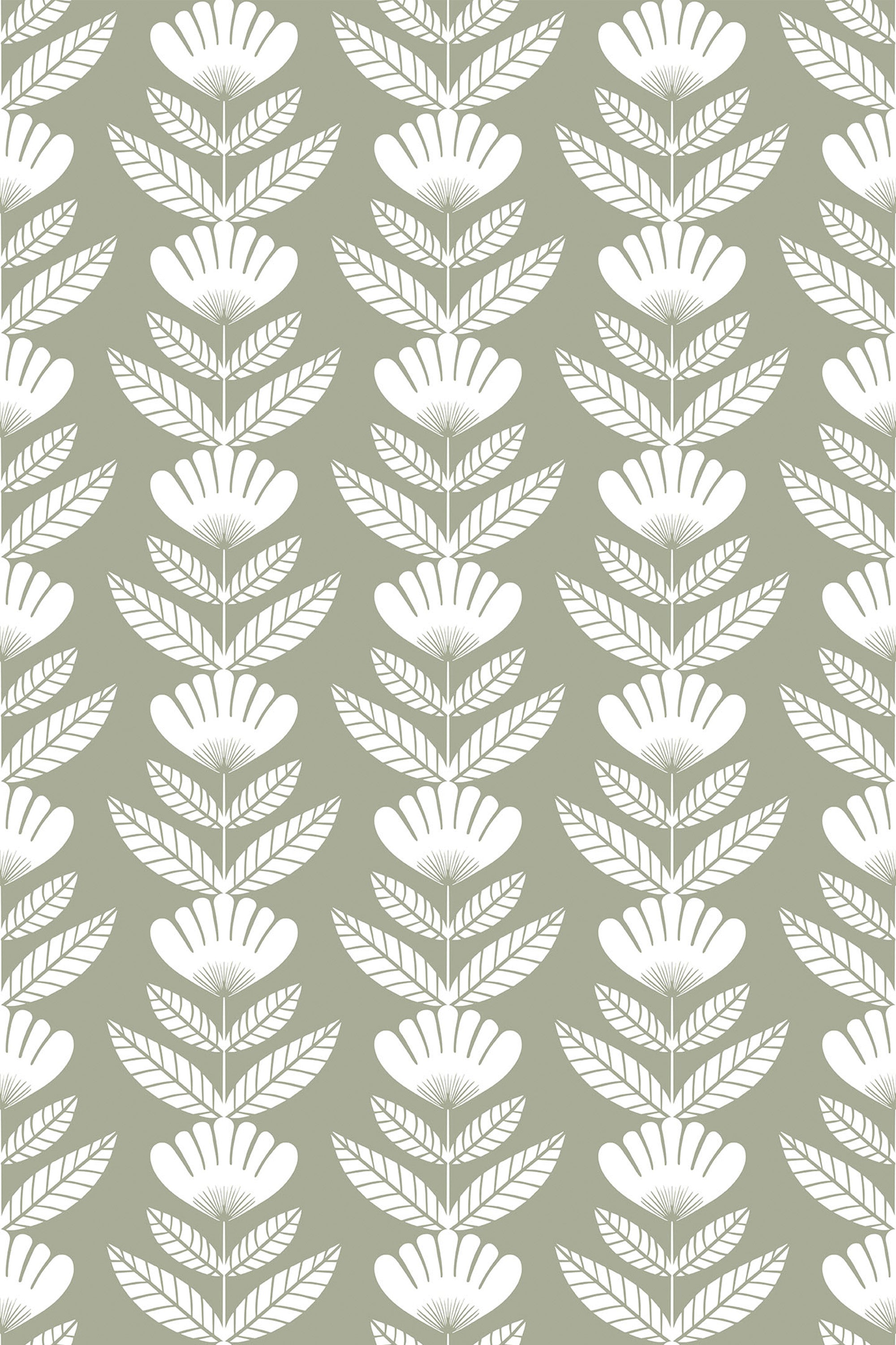 White floral line art on a soft grey background, forming a repeated pattern with a vertical rhythm, suitable for interior decor as peel and stick removable wallpaper.