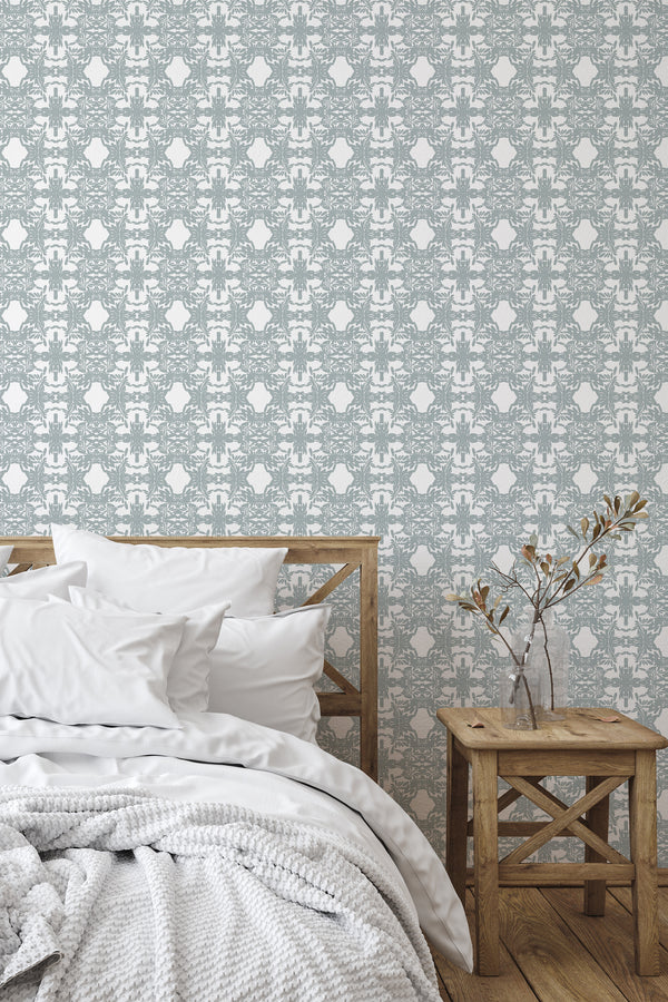 Self-adhesive wallpaper with an abstract rainstorm pattern in muted colors, creating a calming ambiance in a bedroom setting.