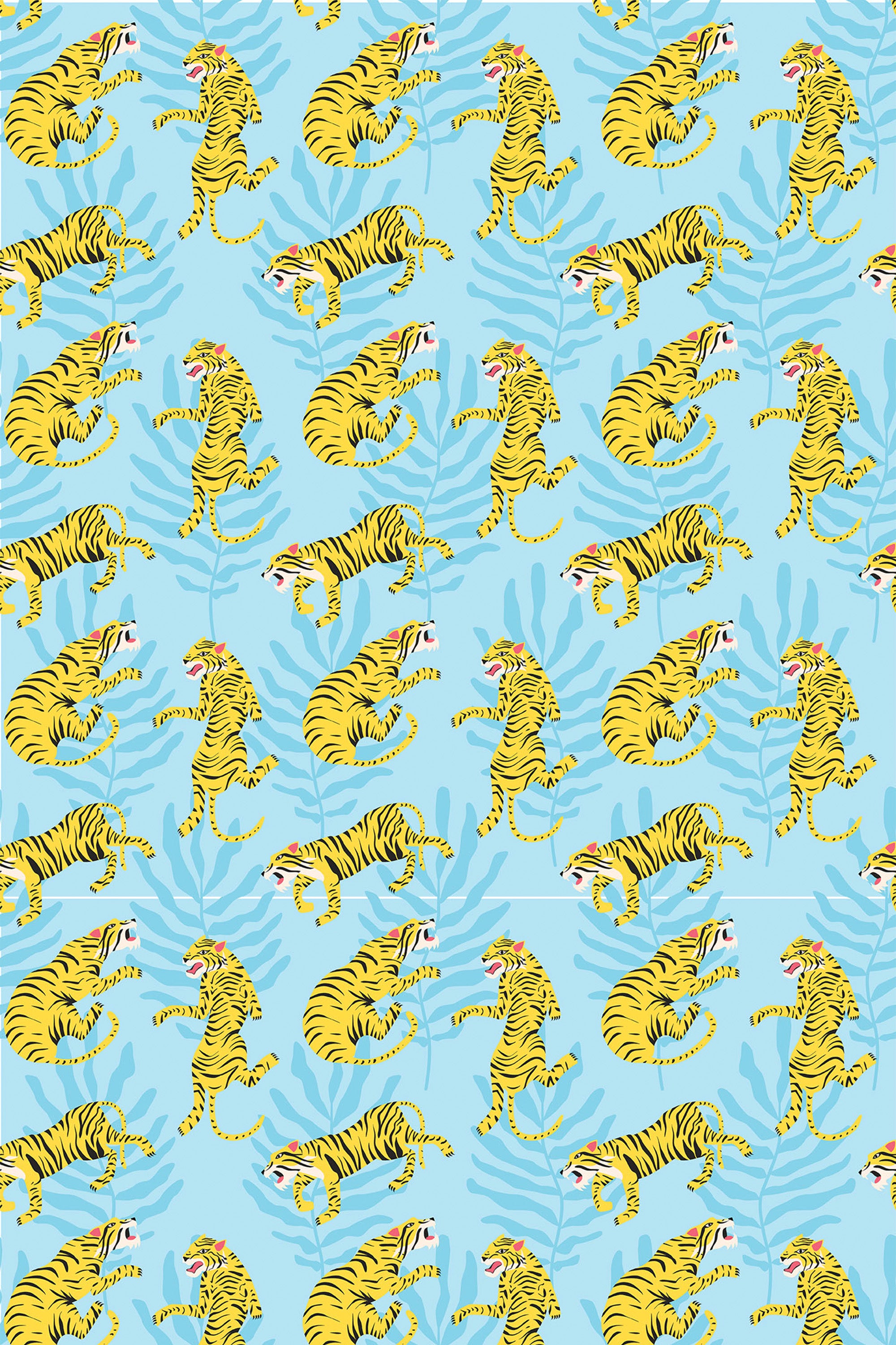 Vibrant blue background with a repeated pattern of yellow and black striped tigers, some lounging and others playful, in a tropical setting with green foliage, peel and stick removable wallpaper.