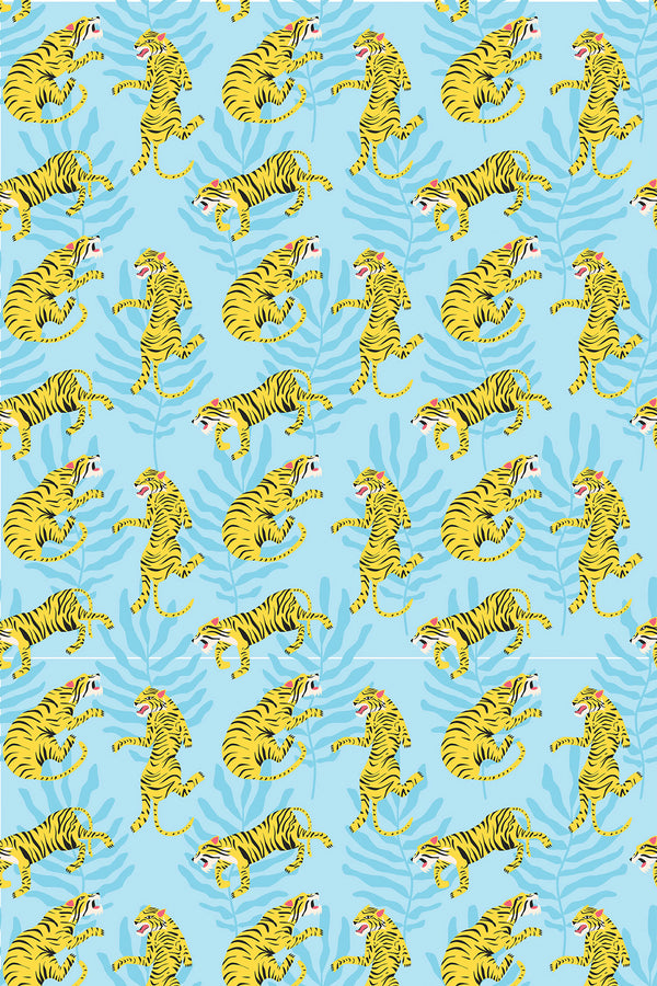 Vibrant blue background with a repeated pattern of yellow and black striped tigers, some lounging and others playful, in a tropical setting with green foliage, peel and stick removable wallpaper.