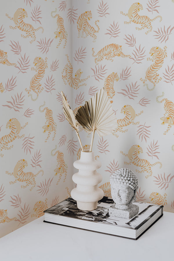 Self-adhesive wallpaper with a repeated pattern of stylized tigers and foliage in warm neutral tones on a light background.