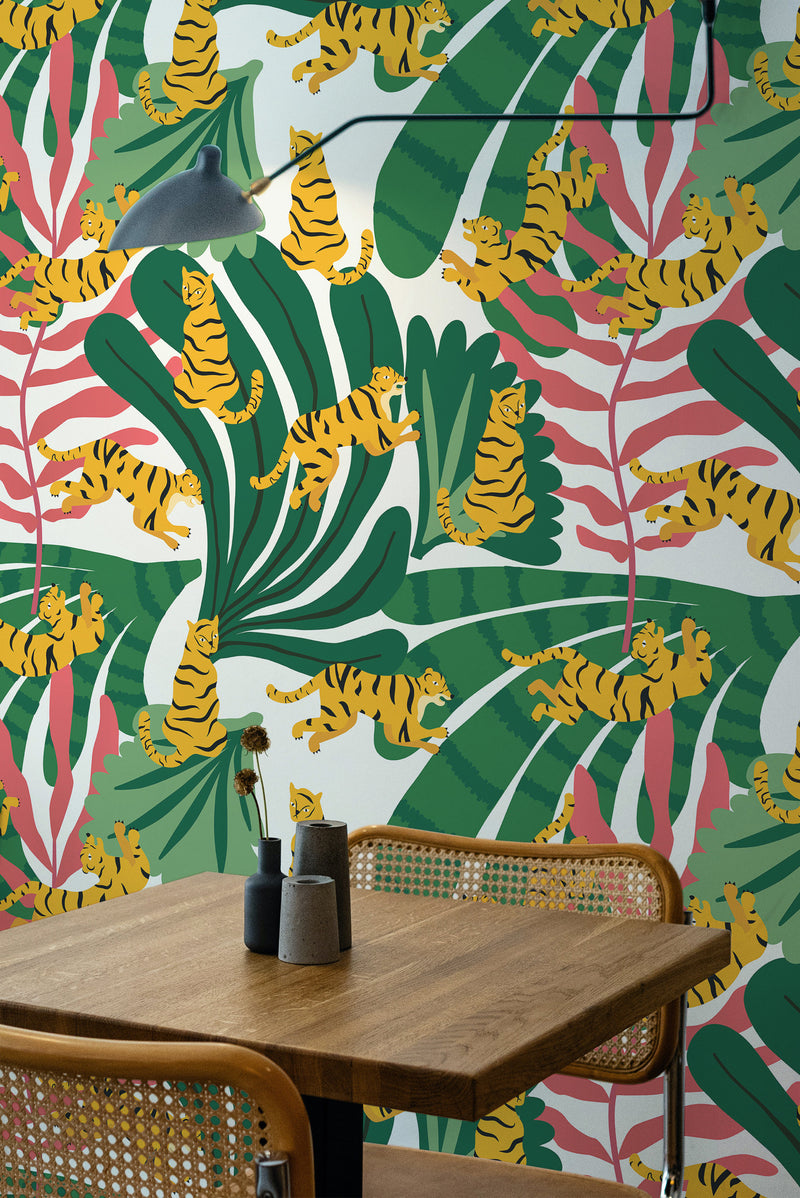 Self-adhesive wallpaper with a Bold Tiger pattern, showing orange tigers amidst green and pink foliage on a pale background.