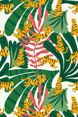 Vibrant Bold Tiger pattern with playful tigers and lush green foliage on a cream background, peel and stick removable wallpaper.