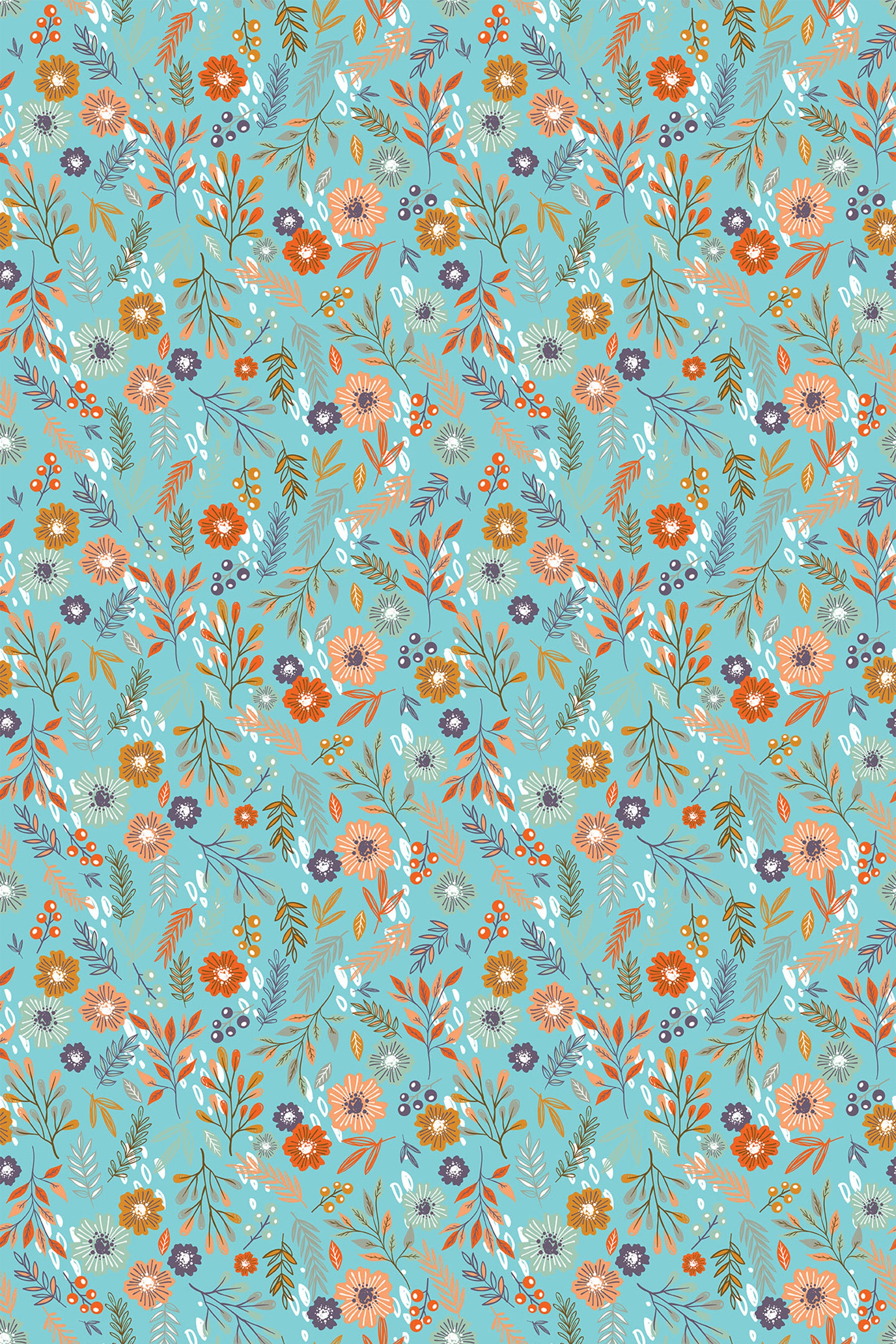 Blue background with a pattern of orange, white, and blue flowers interspersed with green leaves, peel and stick removable wallpaper.