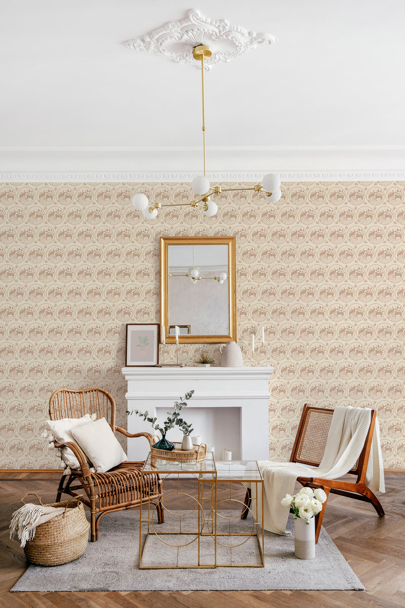 A room with Vintage Rabbit wallpaper pattern with repeating rabbits and floral motifs in a soft, muted color palette, complementing the classic and elegant decor, traditional wallpaper.