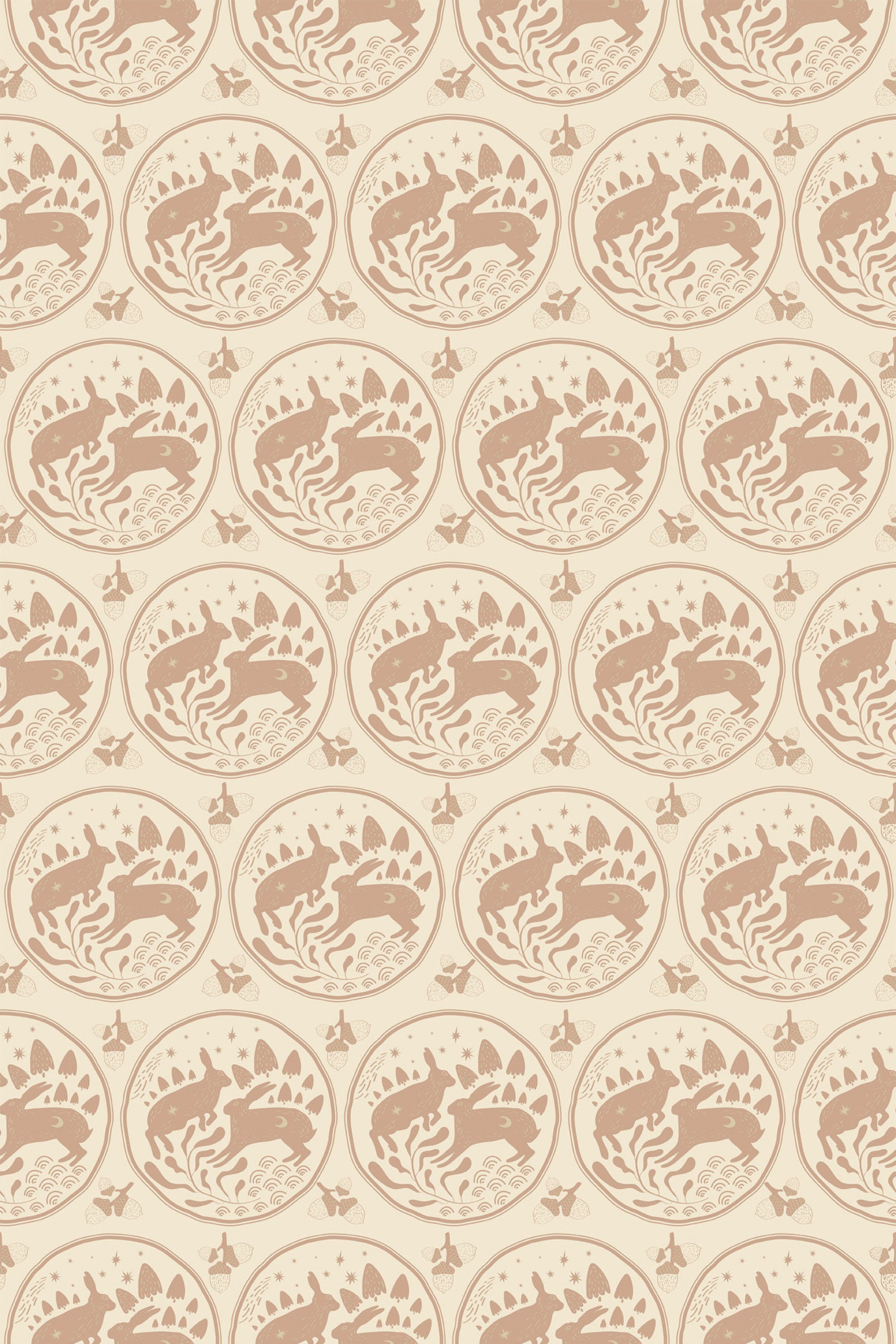 Vintage rabbit pattern with circular motifs on a beige background, interspersed with stars, for peel and stick removable wallpaper.