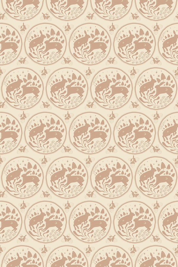 Vintage rabbit pattern with circular motifs on a beige background, interspersed with stars, for peel and stick removable wallpaper.