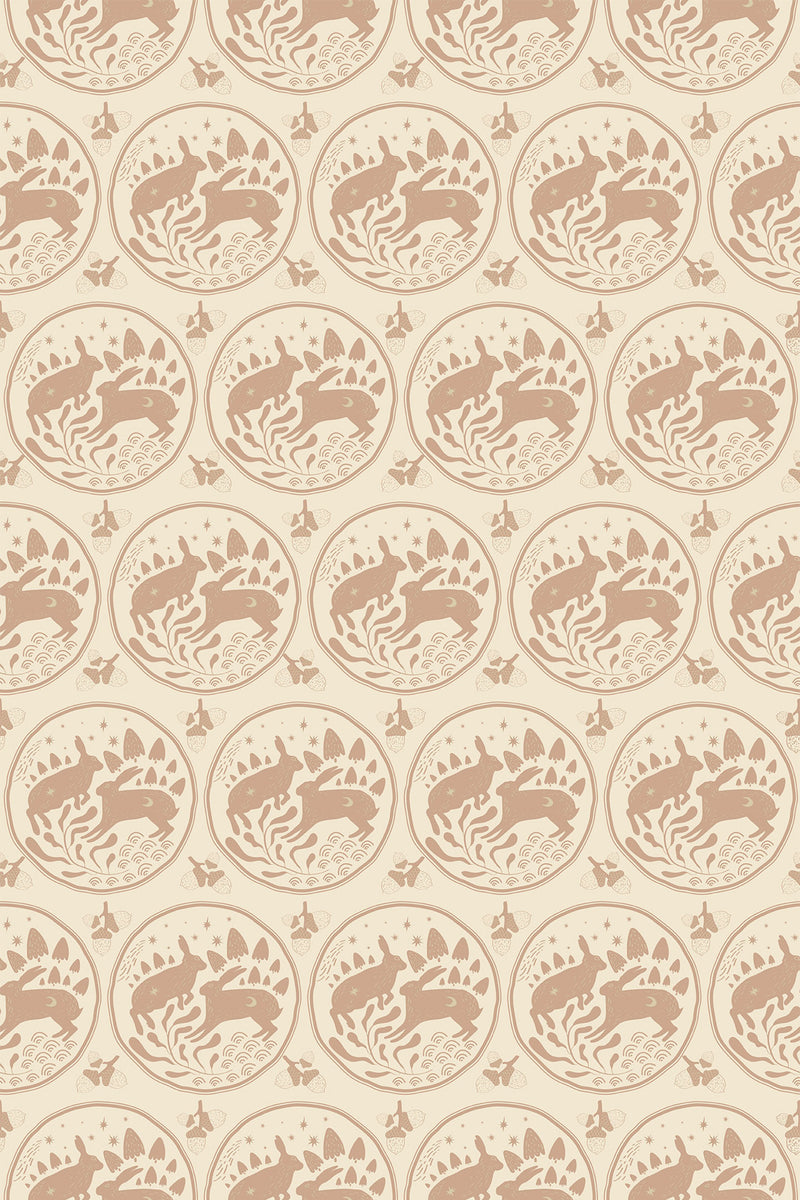 Vintage rabbit pattern with circular motifs on a beige background, interspersed with stars, for peel and stick removable wallpaper.