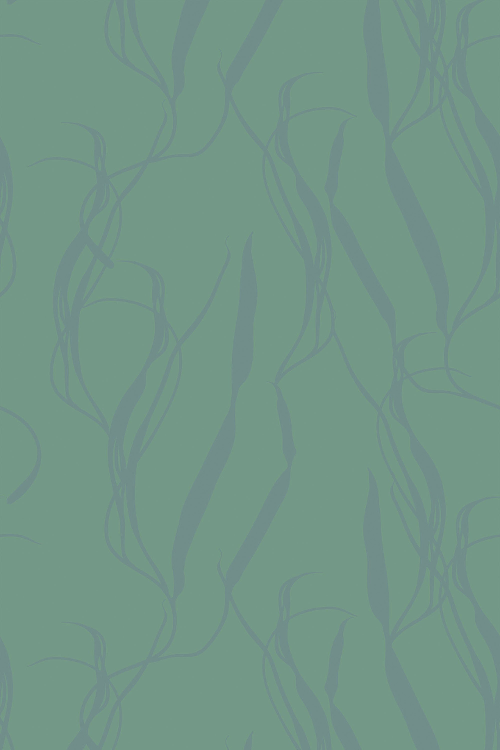 Sage green wallpaper with a repeating pattern of elegant, minimalist leaves in a darker green hue, offering a tranquil aesthetic, suitable as peel and stick removable wallpaper.