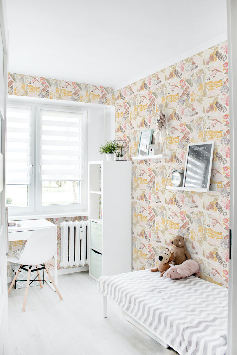 A bright room with walls covered in wallpaper with a mix of soft pastel hues and various wood texture prints, adding a cozy yet traditional wallpaper charm.