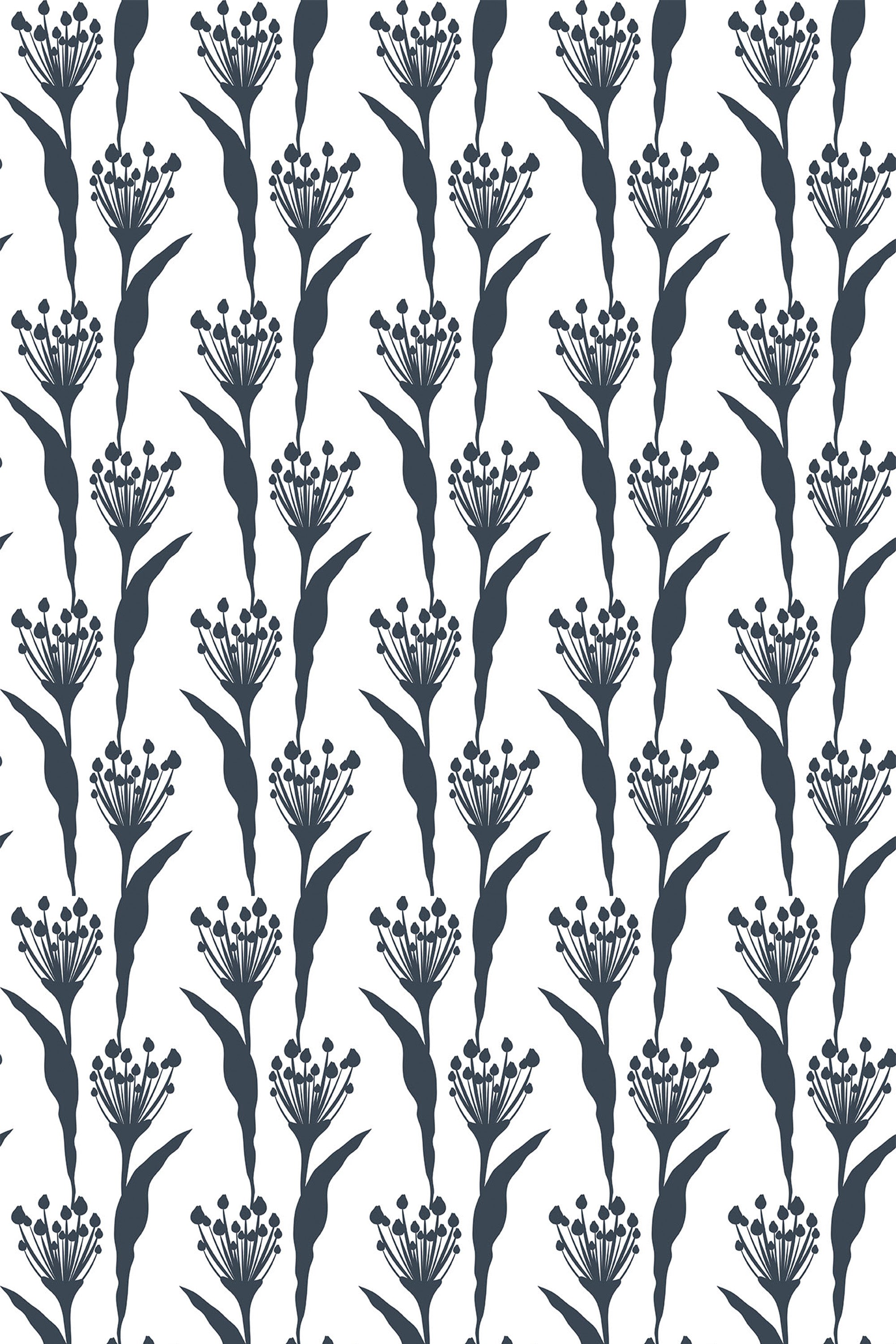 A pattern of stylized wildflowers in a monochrome color scheme, repeated seamlessly on a peel and stick removable wallpaper.