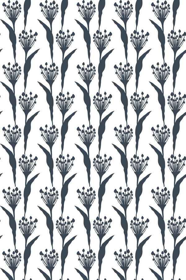 A pattern of stylized wildflowers in a monochrome color scheme, repeated seamlessly on a peel and stick removable wallpaper.