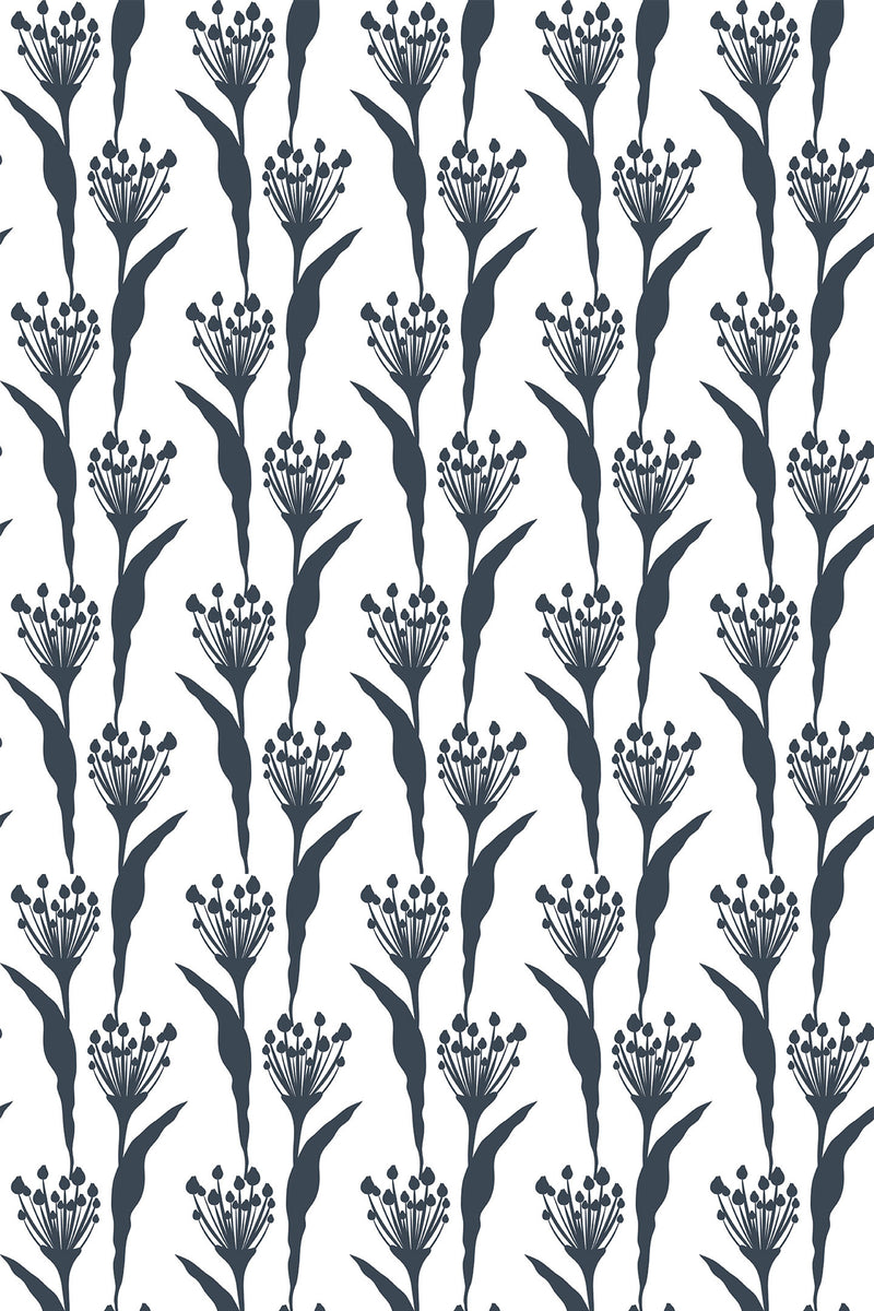 A pattern of stylized wildflowers in a monochrome color scheme, repeated seamlessly on a peel and stick removable wallpaper.