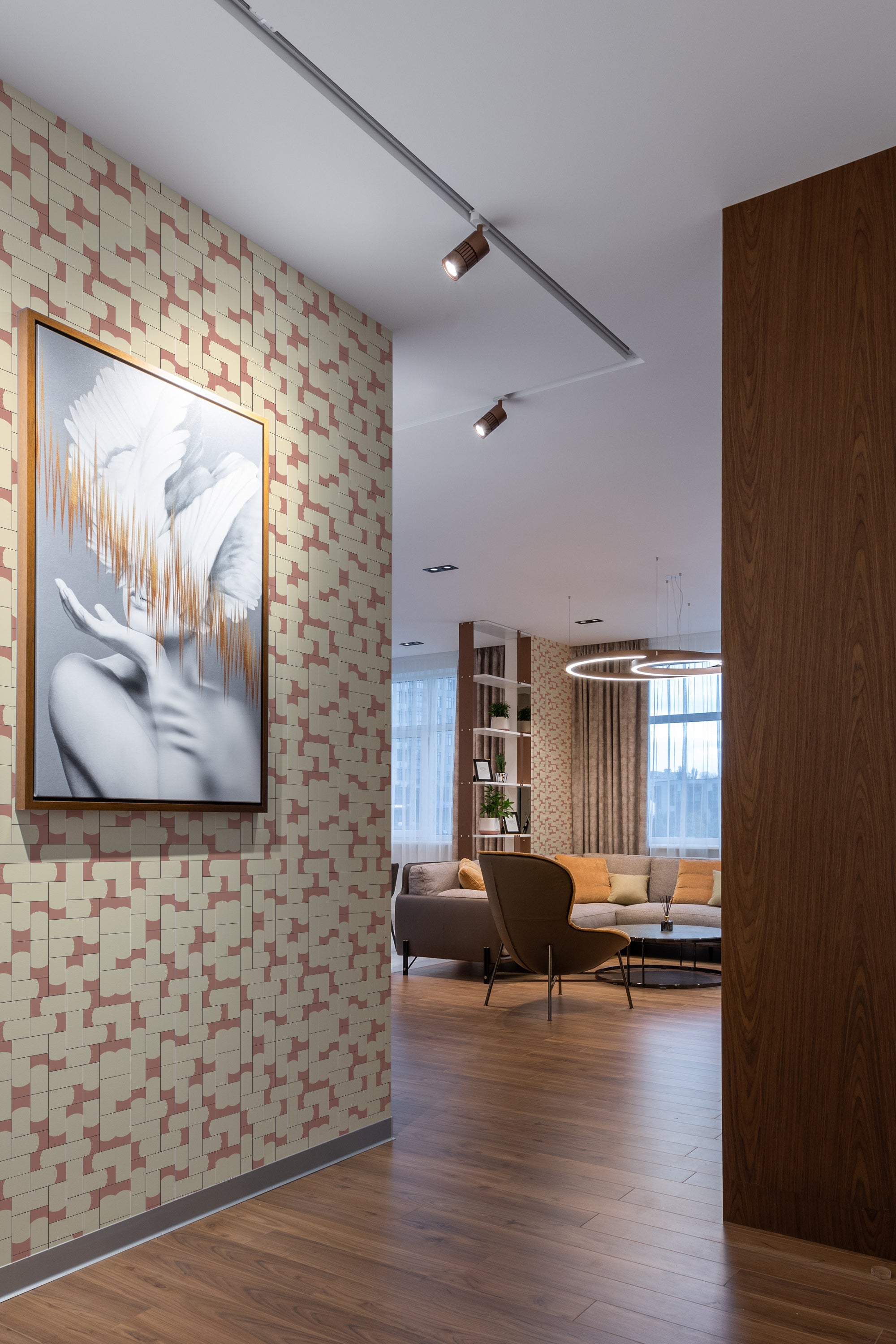 A wall adorned with Terracotta tile patterned wallpaper, giving a classic touch to a modern room, complemented by wooden accents and contemporary furnishings, traditional wallpaper.