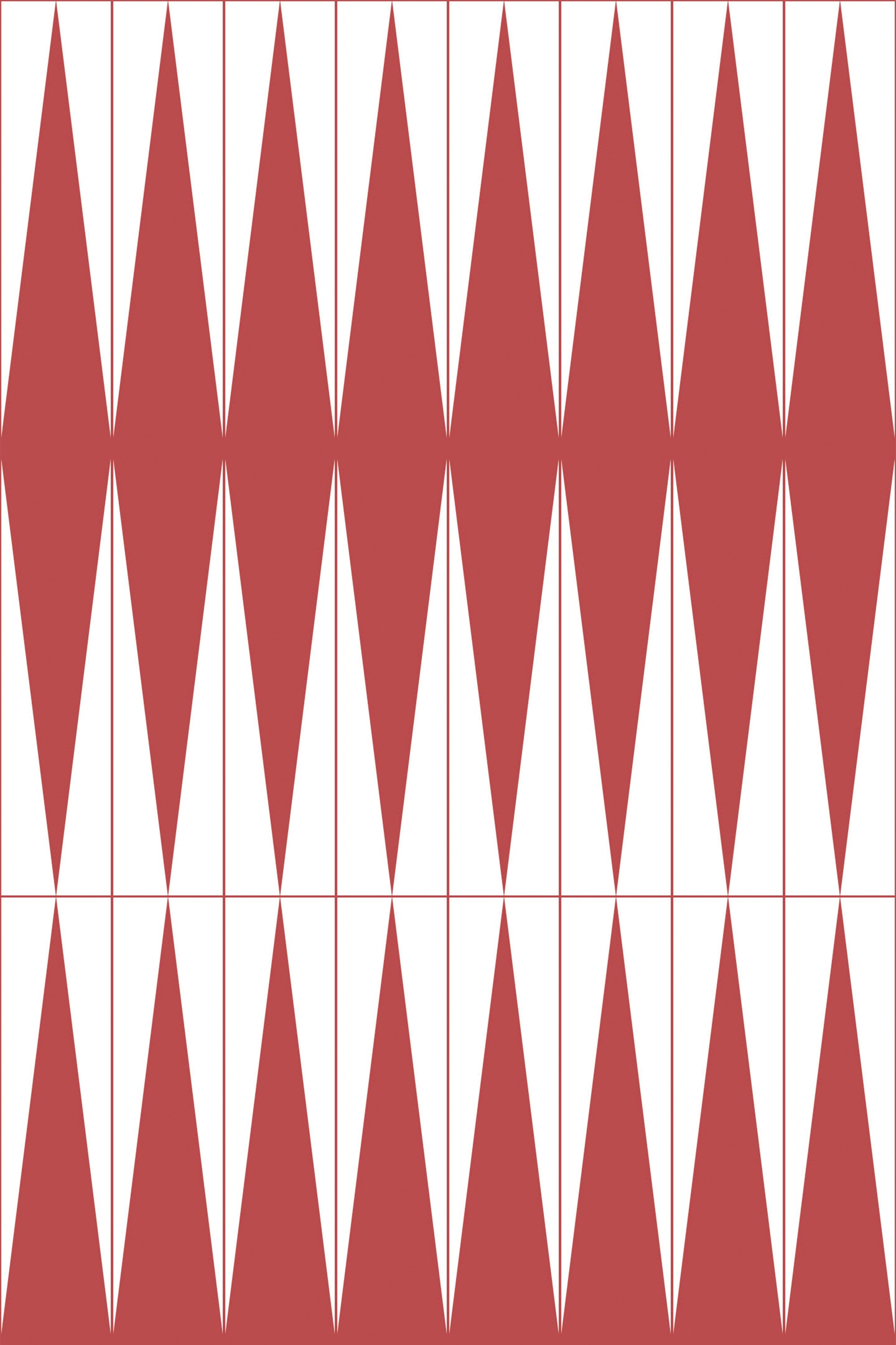 A pattern of red and white bold, slim diamond shapes arranged in a harlequin design on a peel and stick removable wallpaper.